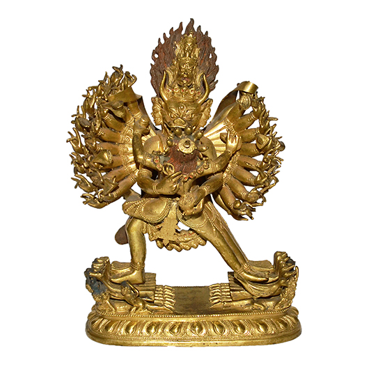 Lot, 213 is a 35-arm Tibetan gilt bronze deity in the form of Vajrabhairava Yamantaka with Consort. The multiple arms used for fighting off cosmic forces have moveable parts. It is of the Qing Dynasty, 9 1/2 inches tall. Estimate: $40,000-$60,000. Gianguan Auctions image.