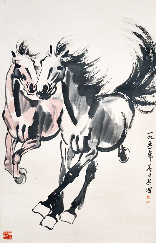 Lot 32, ‘Galloping Horses’ by Xu Beihong (1895-1953), a monochromatic ink-on-paper scroll, dated 1951. It bears the provenance of a Toronto collector and carries an estimate of $300,000 to $400,000. Gianguan Auctions image.