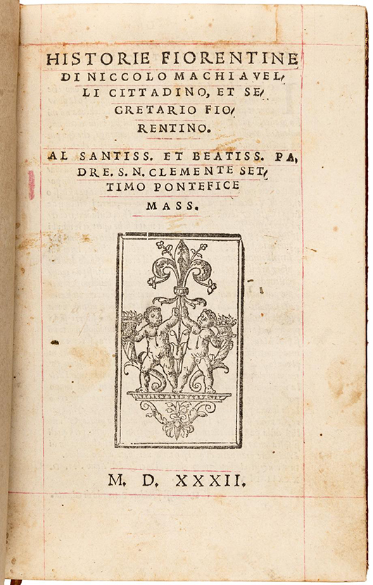 First Florence edition of Machiavelli’s ‘Historie Fiorentine,’ 1532. Estimate: $10,000-$15,000. PBA Galleries image.