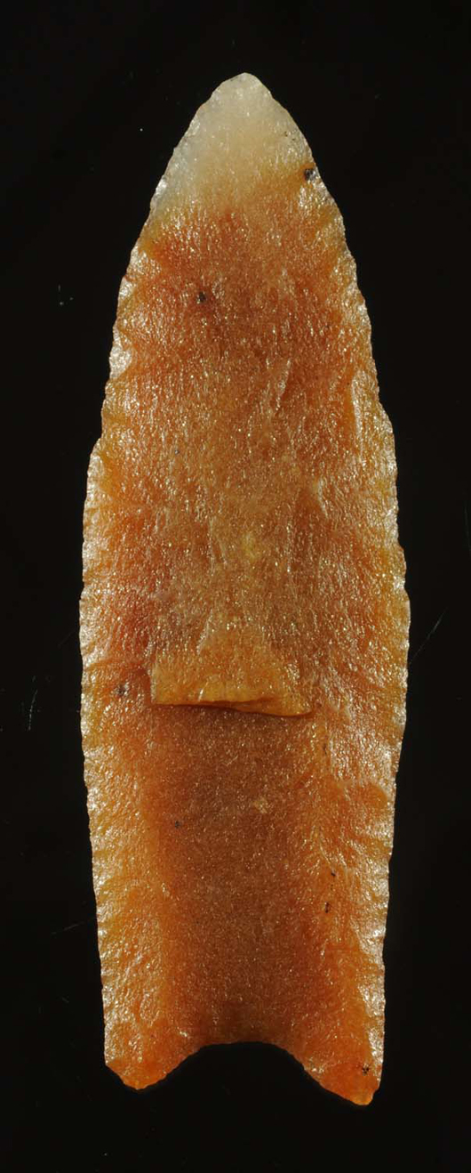 Translucent sugar quartz Clovis point, early Paleolithic, Fulton County, Illinois, $69,000. Morphy Auctions image