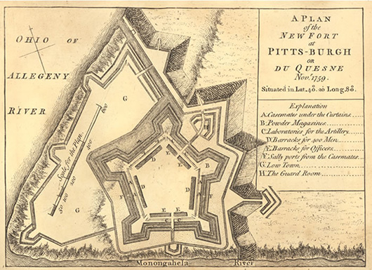 'A Plan of the New Fort at Pitts-Burgh,' drawn by cartographer John Rocque and published in 1765. Image courtesy of Wikimedia Commons.