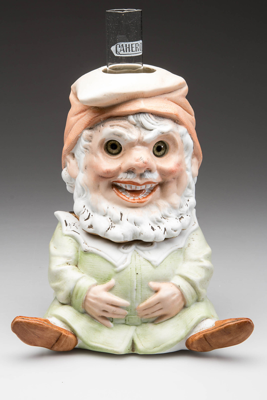 Rare bisque elf, head serves as shade with green glass eyes. Estimate: $2,000-$3,000. Jeffrey S. Evans & Associates images.