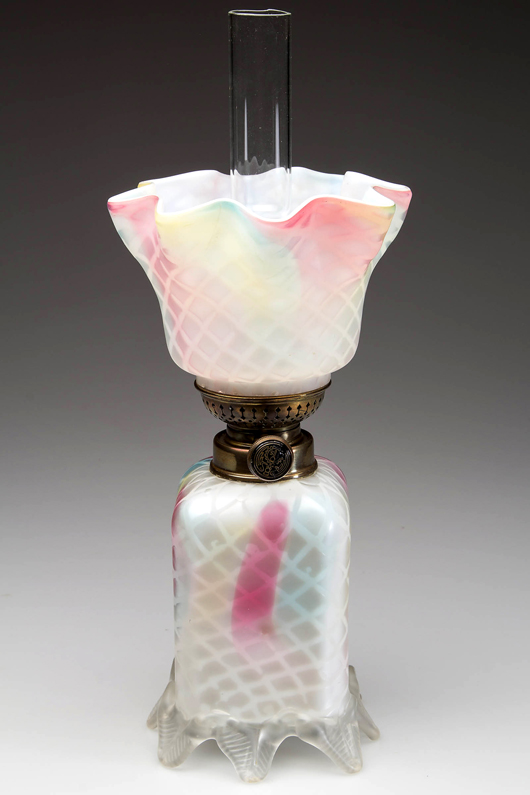 Rainbow Diamond-Quilt pattern mother-of-pearl satin art glass miniature lamp. Estimate: $1,500-$2,500. Jeffrey S. Evans & Associates images.