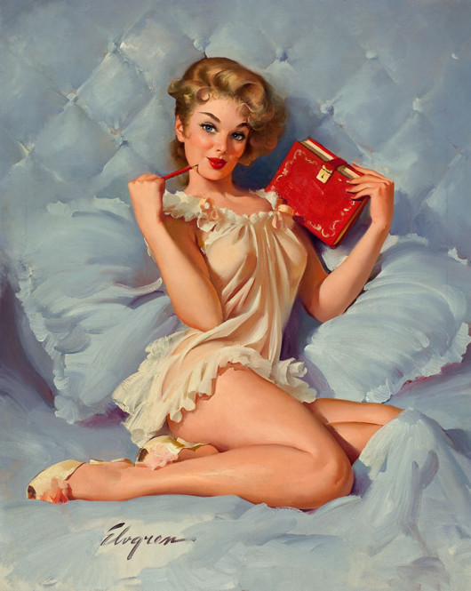 Gil Elvgren (American, 1914-1980), ‘Thinking of You (Retirement Plan),’ Brown & Bigelow calendar illustration, 1962. Price realized: $209,000. Heritage Auctions image.
