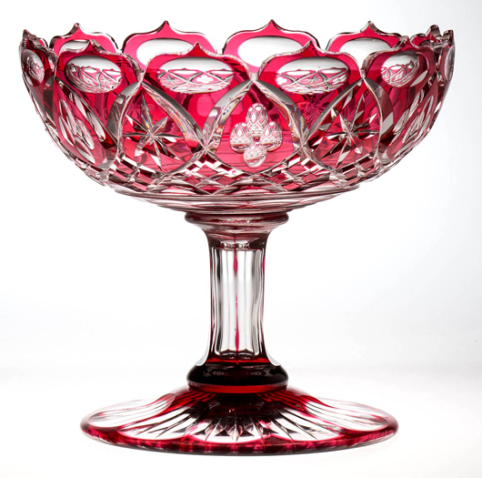 Lot 743, an exceptional cut overlay open compote, colored ruby to colorless, Boston & Sandwich Glass Co., 1860s-1870s, sold for $11,500. Jeffrey S. Evans & Associates image.