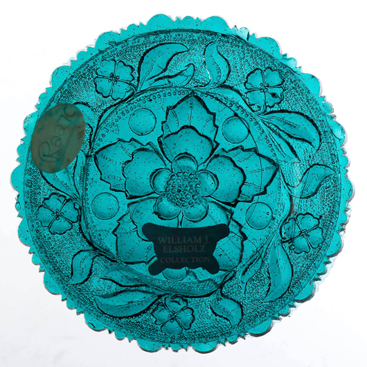 Lot 947, a rare brilliant deep green Lee/Rose No. 227-C cup plate (lot 947), one of only two recorded examples, realized $8,625. Jeffrey S. Evans & Associates image.