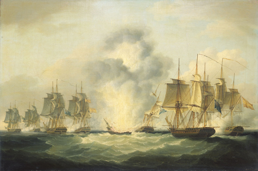 The painting 'Four frigates capturing Spanish treasure ships, 5 October 1804' by Francis Sartorius (1734-1804) depicts the sinking of the Nuestra Senora de las Mercedes. Image courtesy of Wikimedia Commons.