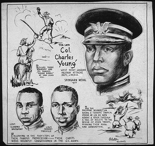 A newspaper cartoon from 1943 about the life of Col. Charles Young, by Charles Alston. Image courtesy of Wikimedia Commons.