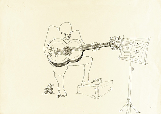 John Lennon, Untitled illustration of a four-eyed guitar player, 7 9/10 x 9 1/10 in.; 202 x 233 mm, ink drawing in black on single sheet. Est. $15/25,000. Sold for $109,375 at Sotheby's. All rights of reproduction reserved to the Estate of the late John Lennon.