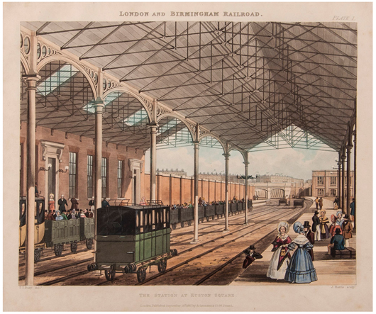 Six colored views on the Liverpool & Manchester Railway, Parts I & II, 1831 and six colored views on the London & Birmingham Railway, 1837. Estimate: £3,500-£5,000 ($5,860-$8,375). Dreweatts & Bloomsbury Auctions image.