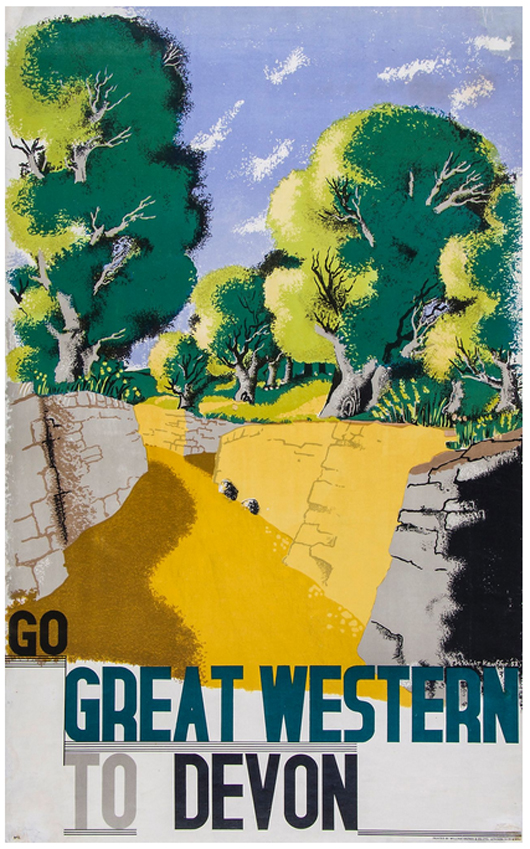 Edward McKnight Kauffer (1890-1954), ‘Go Great Western to Devon,’ GWR, lithograph in colors, 39 x 24 inches, 1932. Estimate: £600-£800 ($1,005-$1,340). Dreweatts & Bloomsbury Auctions image.