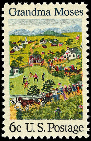 The 1969 U.S. postage stamp honoring Grandma Moses. Image courtesy of Wikimedia Commons.