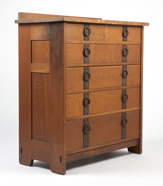 Featuring ‘banded’ iron hardware, this Gustav Stickley oak dresser is offered in Moran’s June sale for $6,000-$8,000. John Moran Auctioneers image.