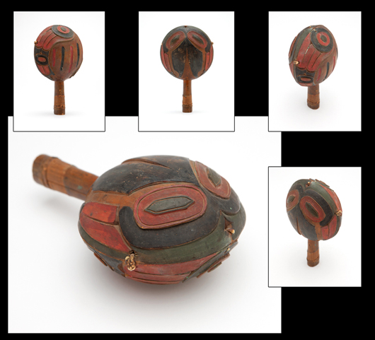 Leading the selection of Native American artifacts is this polychromed Northwest Coast ceremonial rattle, expected to spirit $10,000-$20,000 from interested bidders. John Moran Auctioneers image.