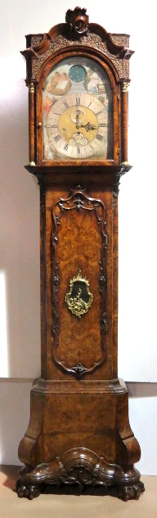 Eighteenth century Dutch burl walnut tall case clock, marked Gerrit Knip & Zoon of Amsterdam, 102 inches tall. Price realized: $15,600. S & S Auction Inc. image.