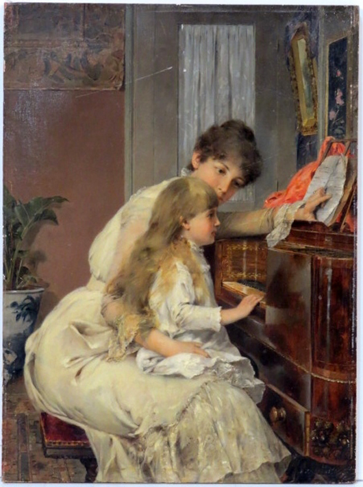 Unsigned and unframed 19th century oil on board painting, titled ‘The Piano Lesson.’ Price realized: $8,100. S & S Auction Inc. image.