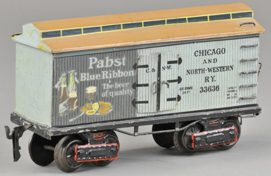 Railroad boxcar advertising Pabst Blue Ribbon Beer, sold for $23,600 . Bertoia Auctions image