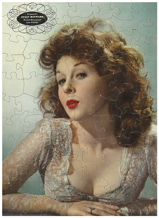 This jigsaw puzzle pictures young Susan Hayward, an Academy Award-winning actress. She was born in 1917 and stopped making movies in about 1972. The puzzle was one of seven novelties that sold as a group for $250 at a Swann Galleries auction in New York in April 2014.