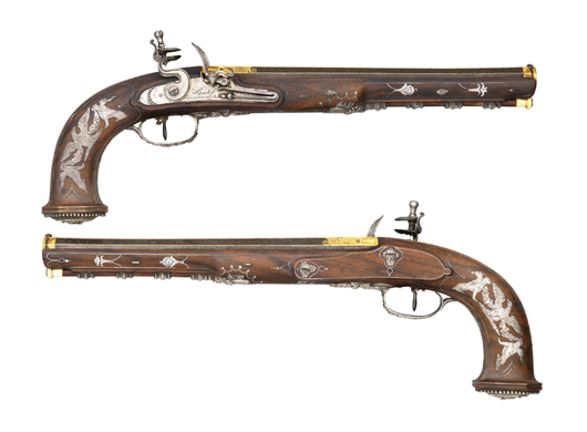 Fine and rare cased pair of 28 bore French silver-mounted flintlock pistols of presentation quality by Boutet, Directeur Artiste, Manufacture a Versailles, circa 1802. Estimate: £40,000-70,000. Thomas Del Mar Ltd. image.