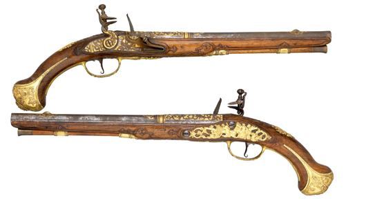 Fine pair of 20 bore Liegois flintlock long holster pistols, circa 1700, probably by Philippe Desellier. Estimate: £10,000-15,000. Thomas Del Mar Ltd. image.