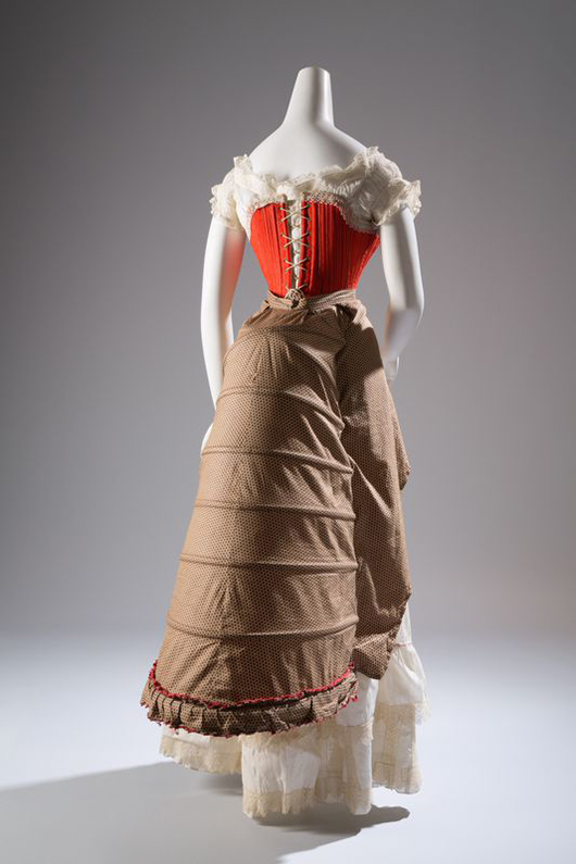 Corset, wool, silk, cotton, steel, circa 1880, France. The Museum at FIT. Museum purchase.