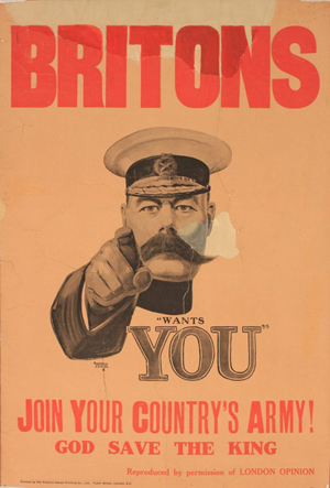 ‘Britons (Lord Kitchener) Wants You,’ original poster printed by Victoria House Printing Co., circa 1914, 75 x 51 cm. Considered to be the Holy Grail of historic British posters, this poster is being offered at auction for the first time since 1983. Estimate: £10,000-15,000. Onslows image.