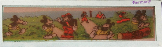 Closeup of magic lantern slide showing early depiction of Mickey Mouse. Stephenson's Auction image