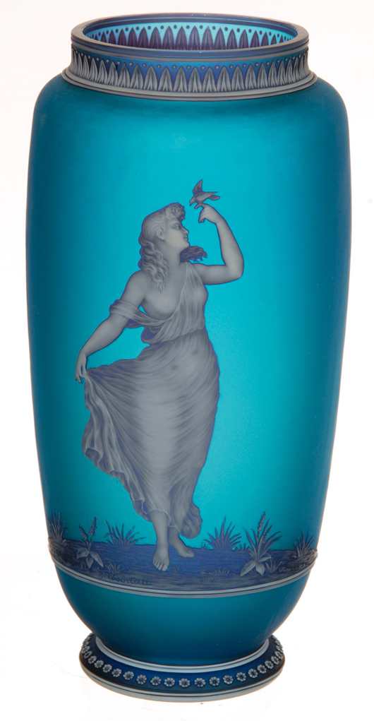 Unmarked Thomas Webb & Sons English cameo art glass vase with carved white opal overlay Price realized: $45,000. Woody Auction image.