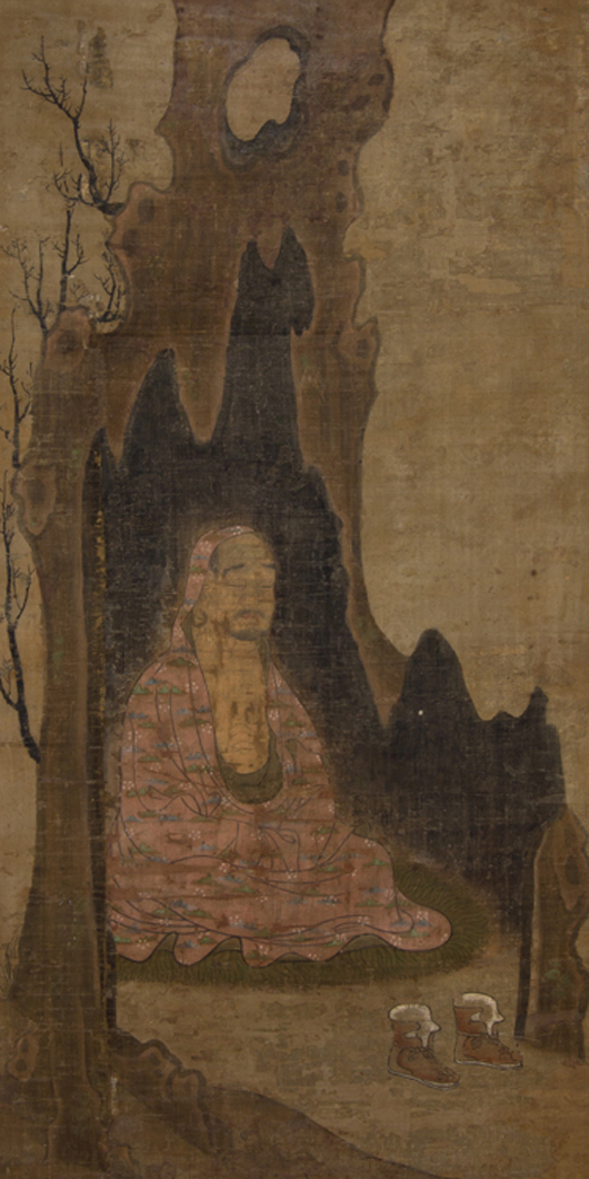 Chinese painting on silk of Vanavasa meditating, anonymous, late Song Dynasty or later. Price realized: $55,440. Leslie Hindman Auctioneers image.