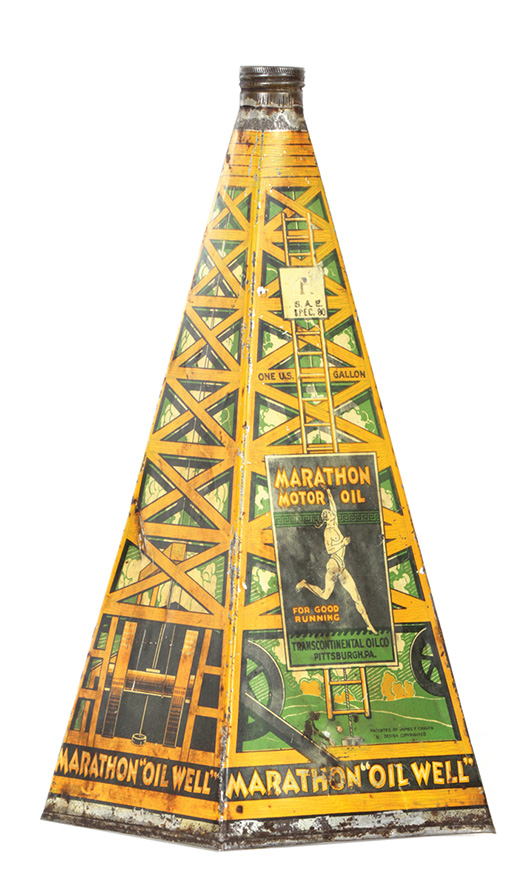 This pyramid-shaped tin lithographed can is hand-soldered. It probably was made before 1940. It sold for $4,830 at a William Morford auction in Cazenovia, N.Y., in March.