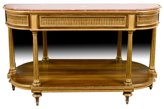 French Empire carved, painted and giltwood console desserte, late 18th century, with later marble top. Estimate: $15,000-$20,000. Provenance: Mallett & Sons, London, New York. Auction Gallery of the Palm Beaches Inc. image.