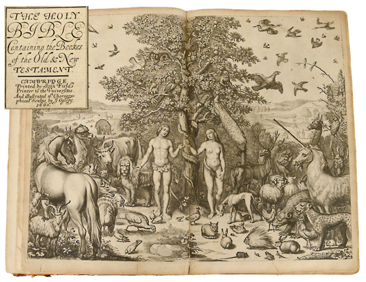 Rare and early copy of ‘The Holy Bible’ containing the books of the Old and New Testament, Cambridge, printed by John Field, Printer to the Universitie, 1660, with full-sheet engravings by P. Lombart and W. Hollar, 17 inches x 11 inches. Auction Gallery of the Palm Beaches Inc. image.