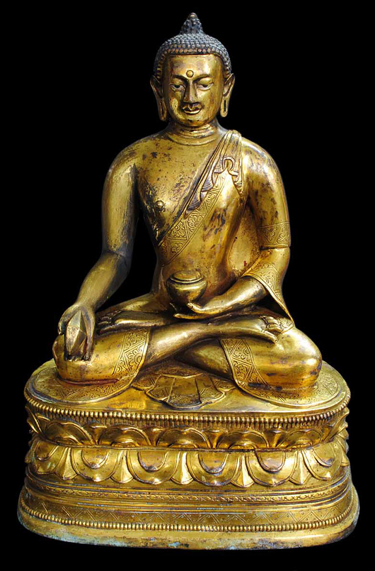 Gilt bronze figure of Sakyamuni Buddha, Mongolian, seated in dhyanasana, holding a vessel in each hand, hair tightly curled and seated on a double lotus base, 10 5/8 inches. Auction Gallery of the Palm Beaches Inc. image.
