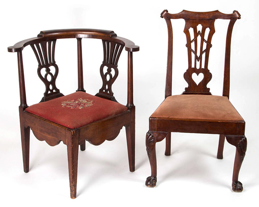 Important Petersburg and Fredericksburg, Va., Chippendale chairs (circa 1745 – 1760). The corner chair comes with history in an old Richmond family. The side chair is attributed to the shop of Robert Walker (circa 1710-1777) in Fredericksburg. Jeffrey S. Evans & Associates.