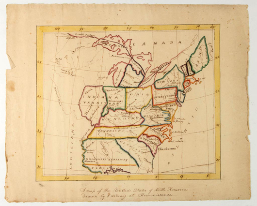 Rare and Important Kentucky school girl folk art map (circa 1810), signed and inscribed by Elizabeth Craig, from a group of seven maps executed by Elizabeth and Mary Craig while attending the Domestic Academy in Washington Co., Ky. Jeffrey S. Evans & Associates.