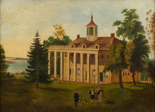 Outstanding mid-19th century American folk art oil on canvas painting of Mount Vernon discovered in a Huntington, W.Va., estate in the 1960s. Jeffrey S. Evans & Associates.