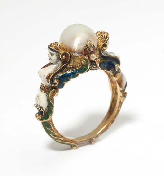 Realizing an impressive $9,000, this 18K gold, enamel and pearl ring is a gorgeous example of the Renaissance Revival style (estimate: $1,500-$2,500). John Moran Auctioneers image.