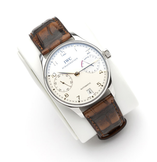 Estimated to realize $4,000-$6,000, this handsome IWC Portuguese 7-day Automatic wristwatch earned a price of $7,200 at Moran’s May 20 auction. John Moran Auctioneers image.