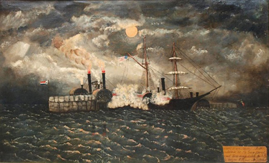 A 19th century oil painting depicting the 1863 Battle of Galveston Island. Image courtesy of LiveAuctioneers.com archive and Austin Auction Gallery.