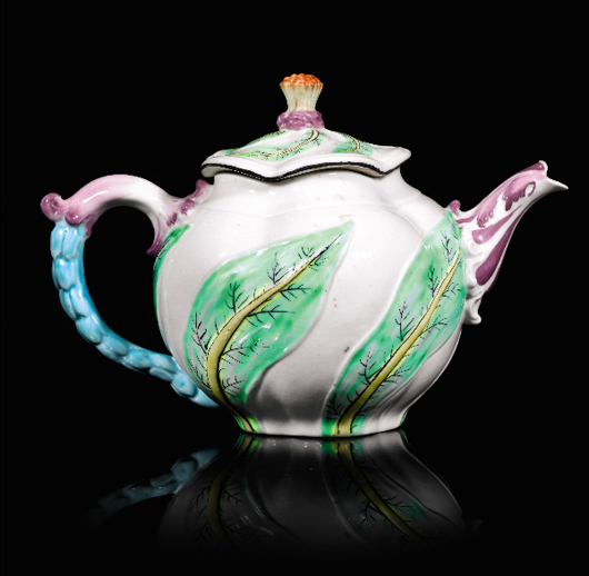 The Chelsea scolopendrium-molded teapot, circa 1750-52. It's worth £30,000-50,000.