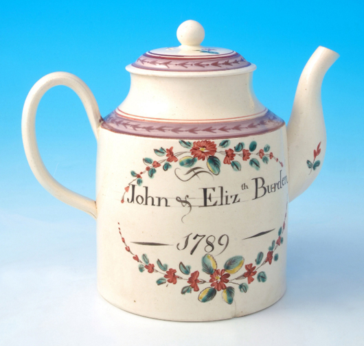 This pearlware teapot was presented probably as a gift to mark the marriage of John and Elizabeth Burden in 1789. A charming piece of social history, it was priced at £975 at the annual Buxton Antiques Fair at the Pavilion Gardens, this year celebrating its 50th anniversary.