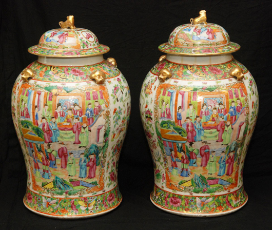 Pair of late 19th or early 20th century Chinese Famille Rose covered vases depicting Quan Yin, 17 1/2 inches tall. Price realized: $8,772. Elite Decorative Arts image.