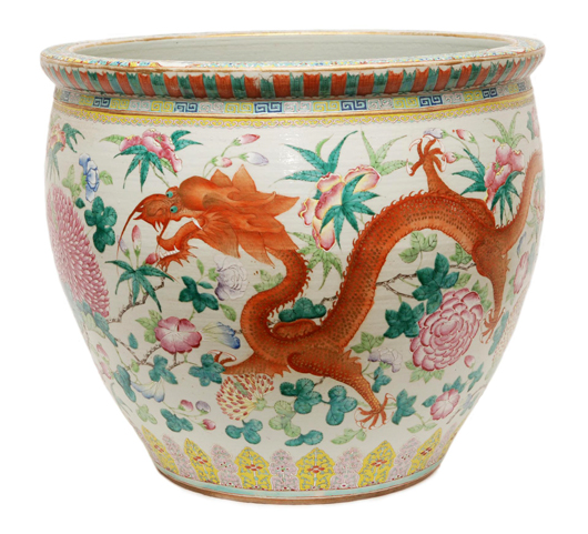 Palace-size Chinese porcelain antique Famille Rose fish bowl with orange fish painted to the interior. Price realized: $16,520. Elite Decorative Arts image.