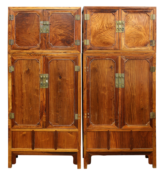 Estimated to bring $15,000 to $20,000, these two Chinese hardwood and huanghuali small compound cabinets from the Edward Gerber Estate totaled $131,000. Clars Auction Gallery image. 