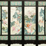 Large 19th century Chinese porcelain screen with four Famille Rose panels, mounted in a carved wooden frame. Price realized: $126,900. Elite Decorative Arts image.