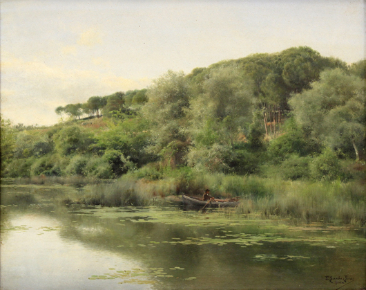 This oil on panel by Emilio Sanchez-Perrier (Spanish, 1855-1907) titled ‘Man in a Boat on a Lily Filled Pond,’ sold very well for $17,900. Clars Auction Gallery image.