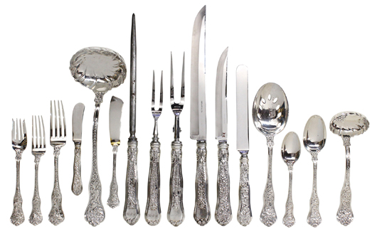 This sterling silver flatware service from Tiffany & Co., New York, in the Olympian multimotif pattern, 1878, sold extremely well achieving $7,800. Clars Auction Gallery image.