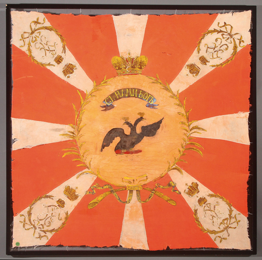 This weathered Imperial Russian regimental banner from the reign of Paul I, circa 1800, sold for $40,000. Jackson’s image.