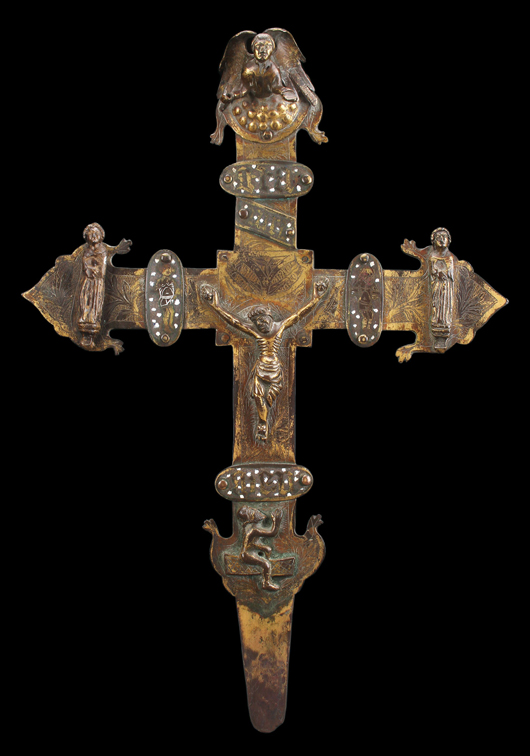 This gothic gilt-copper and enamel processional cross, measuring 20 inches in height, sold for $23,750. Jackson’s image.
