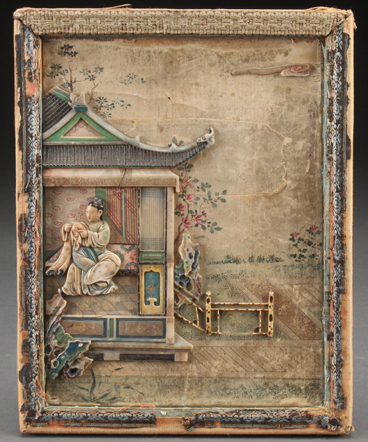 This diminutive (9 x 7 inches) Chinese carved and polychrome, hidden erotic scene panel sold for $14,000. Jackson’s image.